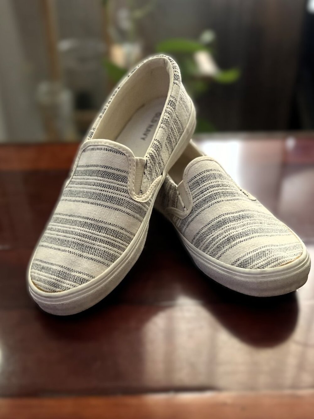 Old Navy Cream and Gray Striped Canvas Slip-On Sneakers